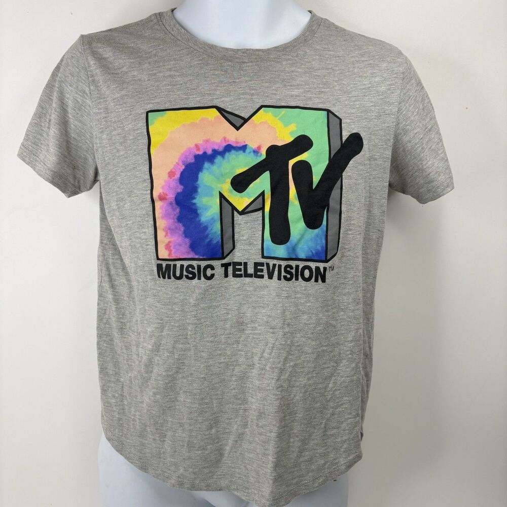 MTV Music Television Tie Dye Logo Graphic T Shirt Gray Womens M